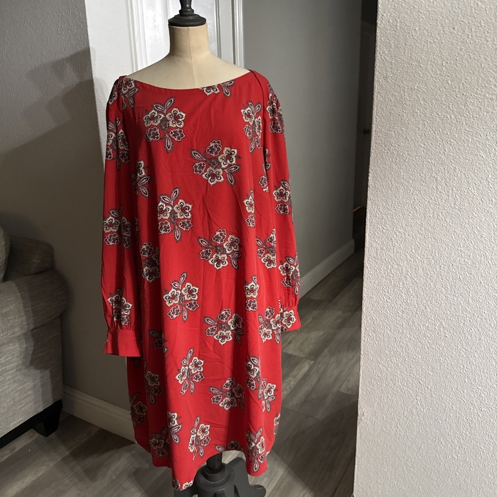 Loft Red Mandala Lotus Flower Long Sleeve Boatneck Shift Dress Plus Size 24 NWT
